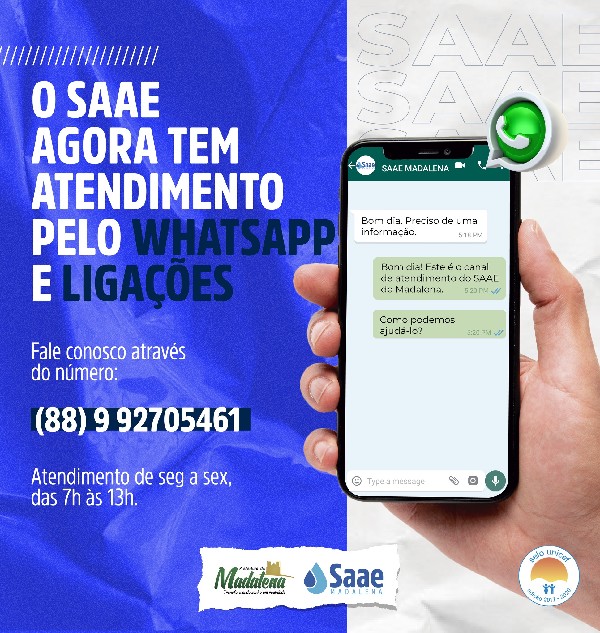 O SAAE agora tem atendimento por ligações e whatsapp através do número (88) 9 92705461